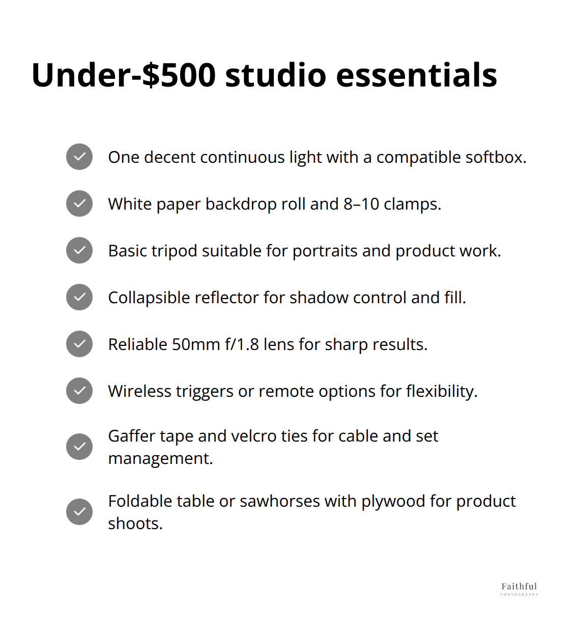 Checklist of budget-friendly gear to build a capable Sydney home studio for under $500. - Home studio photography Sydney