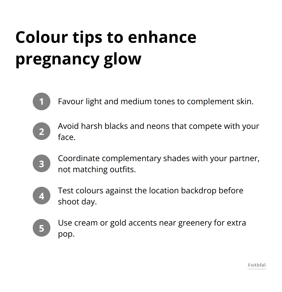 Compact list of colour palette tips for flattering maternity photos